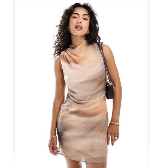 ASOS Beige Tie Dye  High Neck Chiffon Drape Sleeveless Mini Sheath Dress Size 6 - Picture 2 of 9
